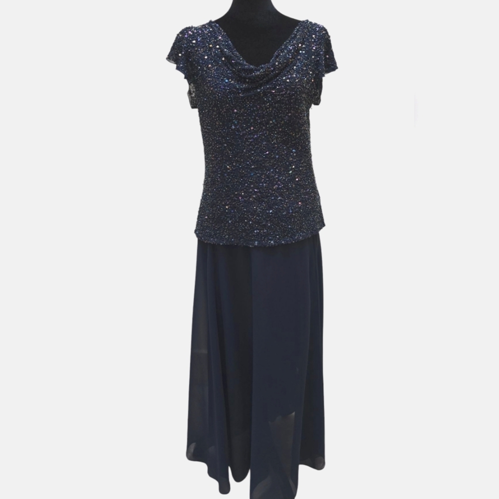 JKARA Beaded Evening Wedding Dress Navy Sparkles Size 10